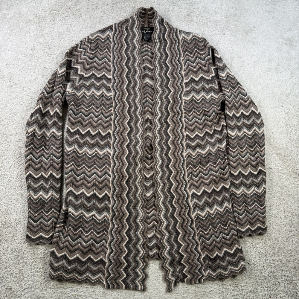 Pure Cashmere Cardigan Sweater Womens Large Brown 100% Chevron Open Front Knit